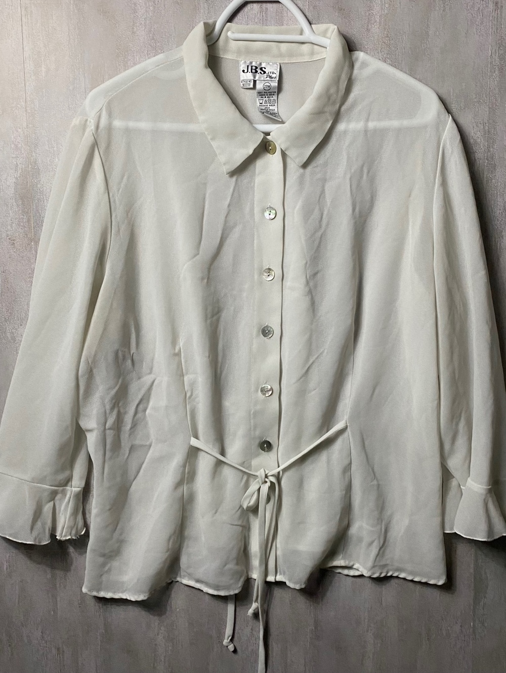 Vintage Button Up Top Tie Sheer Cream Waist Ruffle Cuff Blouse Size 20W JBS
